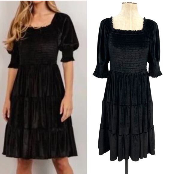 Baltic Born Dresses & Skirts - Baltic Born Bliss Smocked Velvet Dress Mini Tiered Black Size Medium